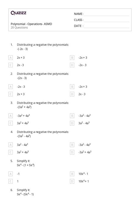 Polynomial Operations Worksheets For Th Grade On Quizizz Free