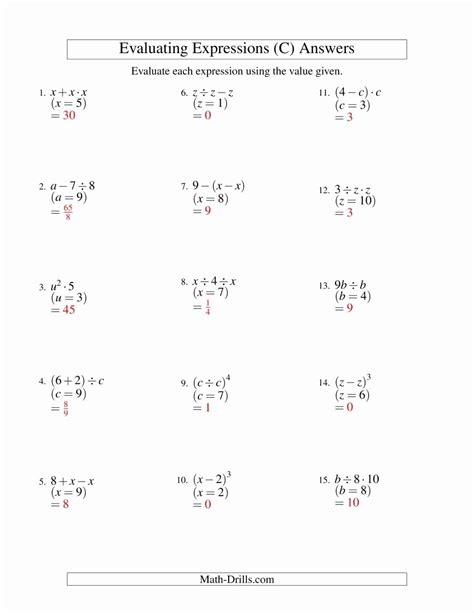 Variable Expressions Worksheet