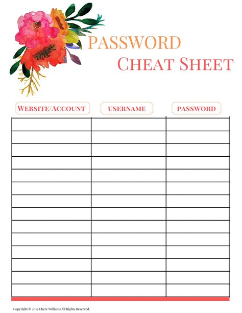 Password Cheat Sheet Printable Etsy