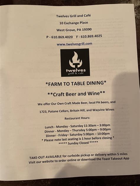 Menu at Twelves Grill & Cafe, West Grove