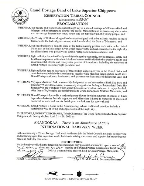Grand Portage Band Issues Dark Sky Week Proclamation Wtip