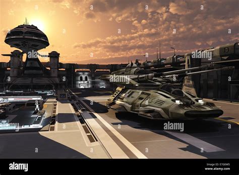 Futuristic military base and antigravity tank Stock Photo - Alamy