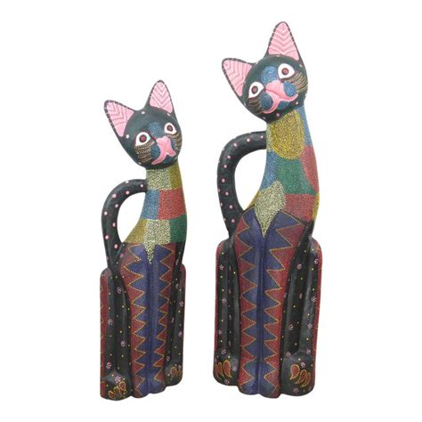 Vintage Large Balinese Hand Carved And Hand Painted Wooden Cat