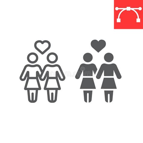 Lesbian Couple Line Icon Lgbt And Heart Female Couple Sign Vector