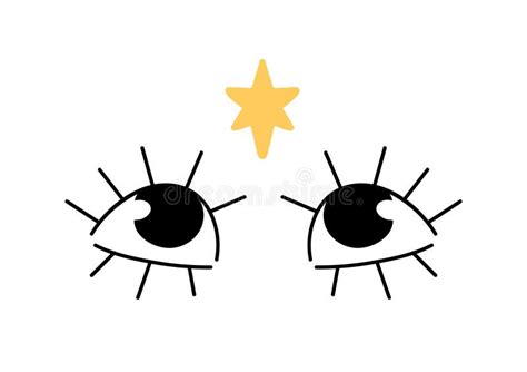 Cute Cartoon Eyes with Eyelashes Look at Star, Upward. Funny Character Watches Up at Sparkle ...