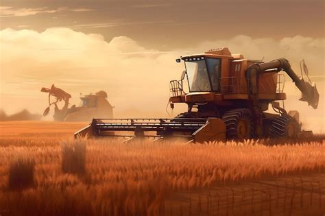 Premium Ai Image Combine Harvester Working On A Wheat Field