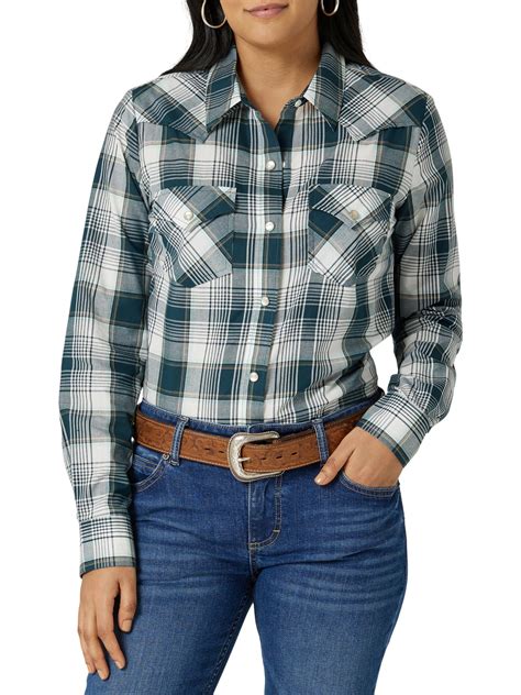 Wrangler Women S Long Sleeve Western Snap Plaid Shirt Walmart