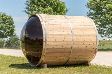 Panorama Barrel Sauna Met Veranda Red Cedar Knotty Ticra Outdoor