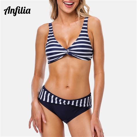 Anfilia Women Bikini Set Stripe Swimwear Strappy Adjustable Swimsuit