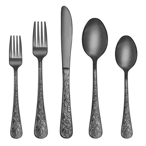 Runfly Vintage Engraved Black Stainless Steel 20 Piece Cutlery Set