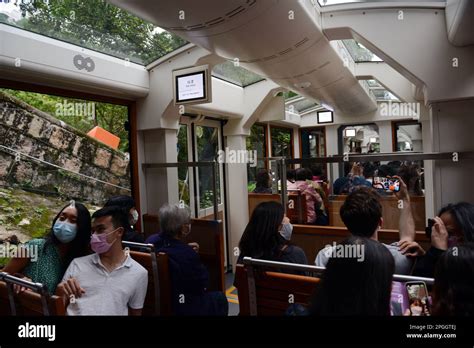 Riding In The New Peak Tram Funicular Towards The Peak In Hong Kong