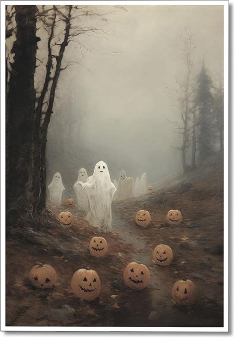 A Painting Of Halloween Pumpkins With Ghost Faces On Them In The Middle