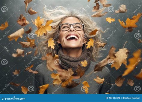 Beautiful Older Woman Amidst Falling Leaves In A Serene Grey Portrait Ai Generated Stock