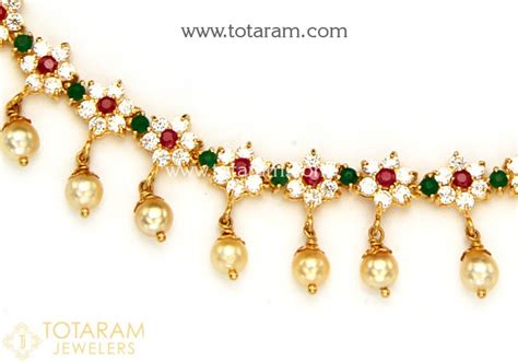 22k Gold Necklace With Cz Color Stones And Japanese Culture Pearls