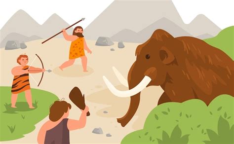 Premium Vector | Stone age hunting ancient men chasing mammoth animal angry caveman pursuit prey ...