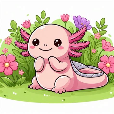 Un Vecteur De Dessin Anim D Axolotl Assis Dans L Herbe Avec Des Fleurs