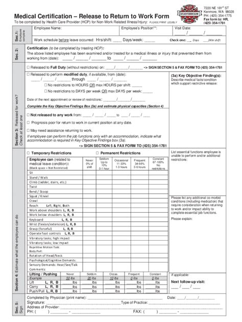 Fillable Online 2720 A2 Medical Certification Return To Work Form Pdf