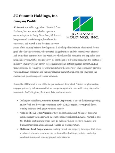 JG Summit Holdings, Inc.: Company Profile | PDF | Business | Energy And ...
