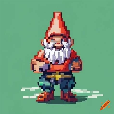 Pixel Art Of A Battle Ready Garden Gnome