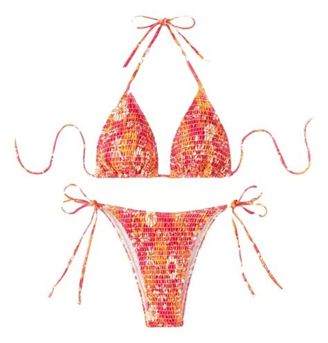 Bikini Estampado Floral Amarre Lateral Malla Playa Piscina Cuotas Sin Inter S