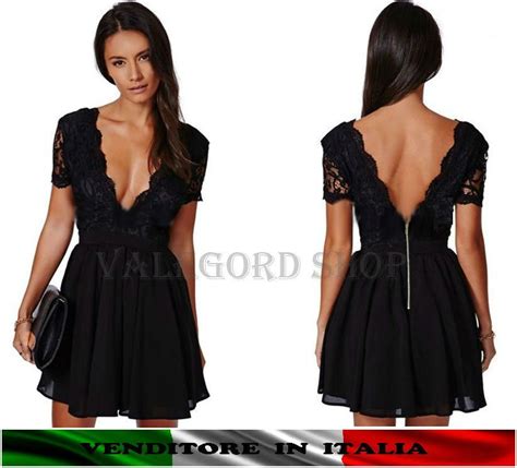 Mini Abito Nero Vestito Corto Cocktail Pizzo Schiena V Scollato Sera Sexy Dress Chiffon