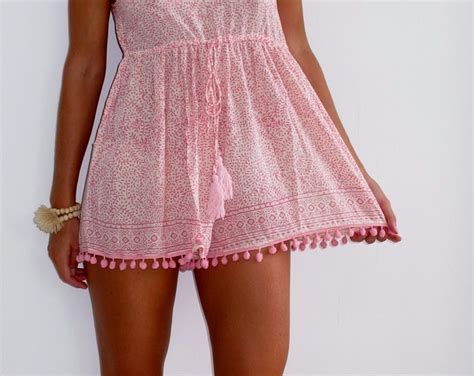 Pink Pom Pom Jumpsuit Playsuit Short Beach Dress Pale Pink Etsy