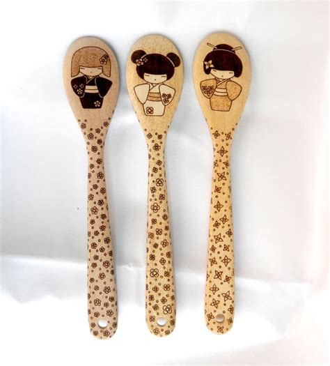 Kokeshi Japanese Doll Wooden Spoon Woodburned Kitchen Decor Etsy