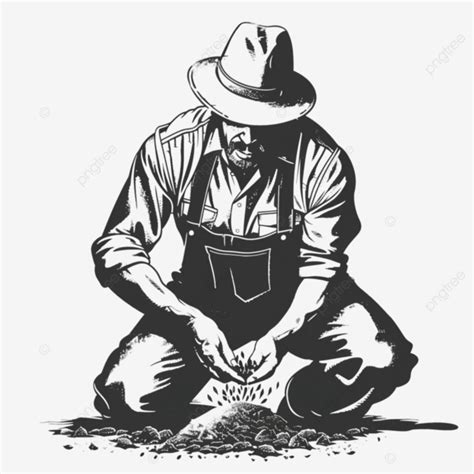 Organic Farmer Sowing Seeds Viewed From Front Retro Black And White