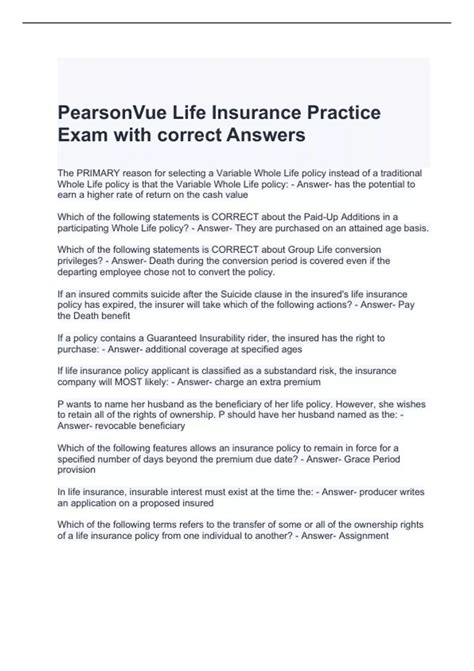 PearsonVue Life Insurance Practice Exam With Correct Answers Pearson