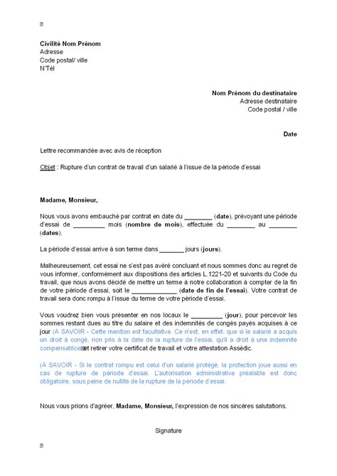 Lettre de rupture du contrat de travail par l employeur à l issue de la