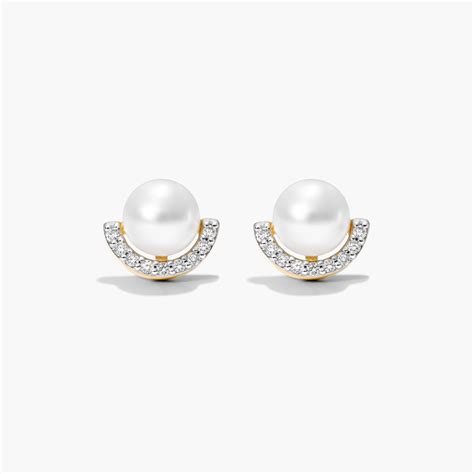 K Yellow Gold Akoya Cultured Pearl Half Moon Diamond Stud Earrings