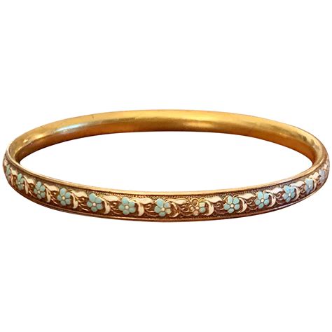 Vintage Krementz Signed Floral Enamel 14 Karat Yellow Gold Bangle