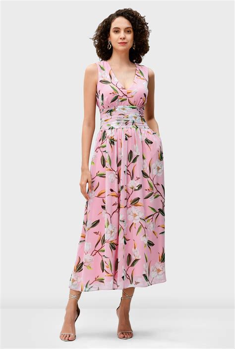 Shop Floral Print Georgette Pleat Waist Dress Eshakti