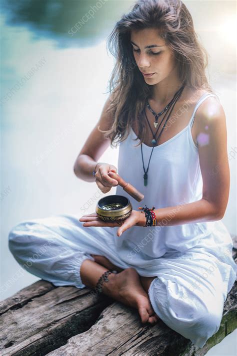 Woman With Tibetan Singing Bowl Stock Image F024 9547 Science