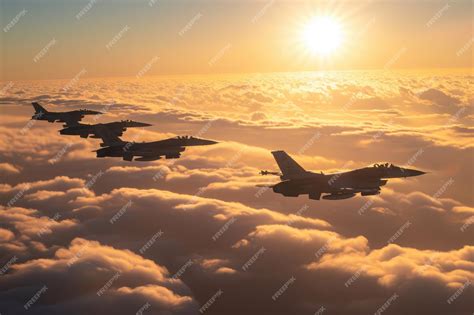 Premium Photo A Group Of Fighter Jets Soar Through A Cloudy Sky