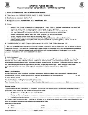 Fillable Online Student Excursion Consent Form Swimming School Fax