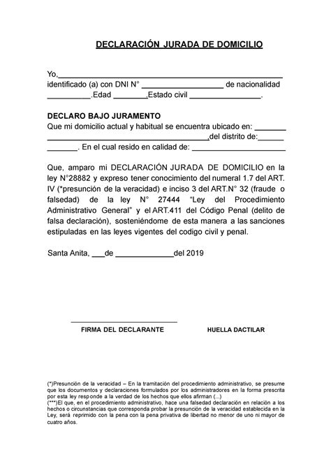 Declaración Jurada De Domicilio Declaraci”n Jurada De Domicilio Yo