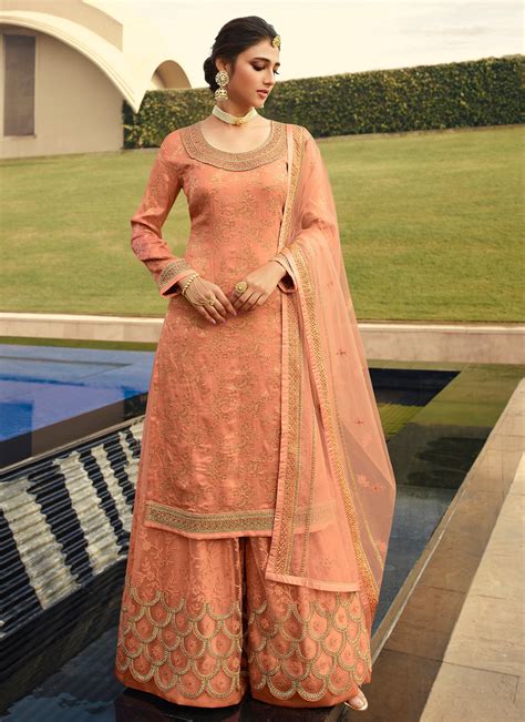 Buy Online Peach Embroidered Jacquard Silk Designer Palazzo Suit