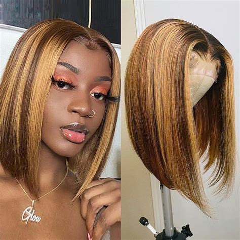 Ombre Highlight Bob Wig Human Hair Short Straight Lace Front Wigs Human