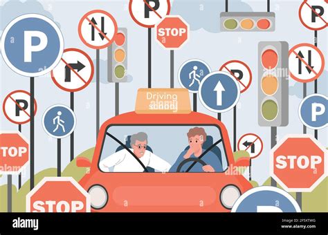 Driving school vector flat illustration. Car instructor and student sit ...