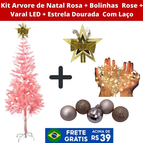 Kit Arvore De Natal Rosa Bolinhas Rose Varal Led Luzes