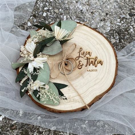 Wooden Rings Holder With Engraved Script And Dried Flowers Custom