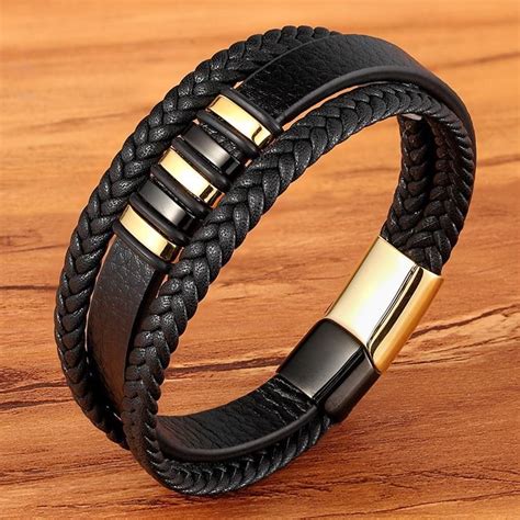 Layers Black Gold Punk Style Design Genuine Leather Bracelet For Men