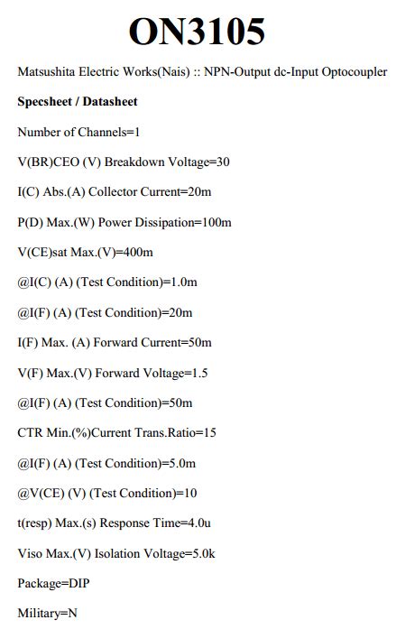 ON3105 Datasheet - Output DC - Input Optocoupler ( PDF )