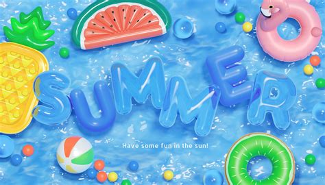 3d creative summer background in swimming pool party theme. Top view of balls, swim rings and ...