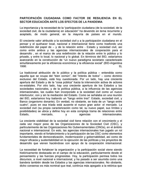 Participacion Ciudadana Como Factor De Resiliencia En El Sector