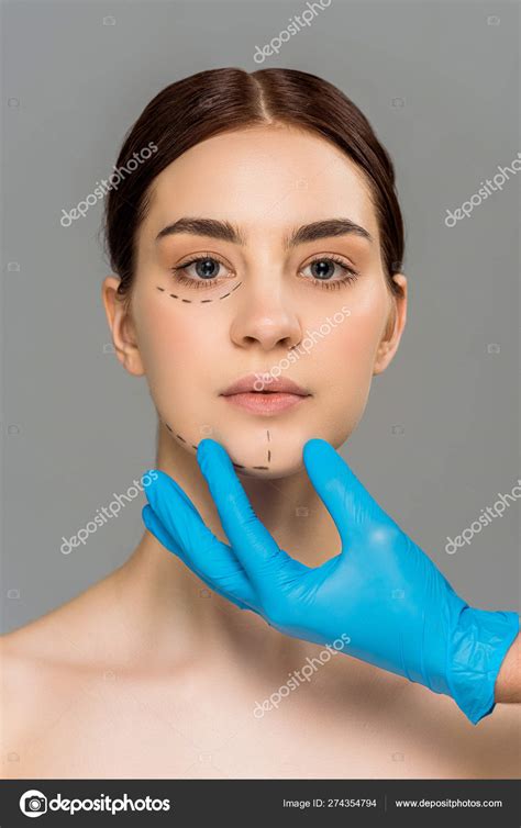 Cropped View Plastic Surgeon Latex Glove Touching Face Attractive Naked Stock Photo
