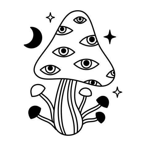 Vector Magic Mushrooms Stars And Moon In Black Color Outline Mystical