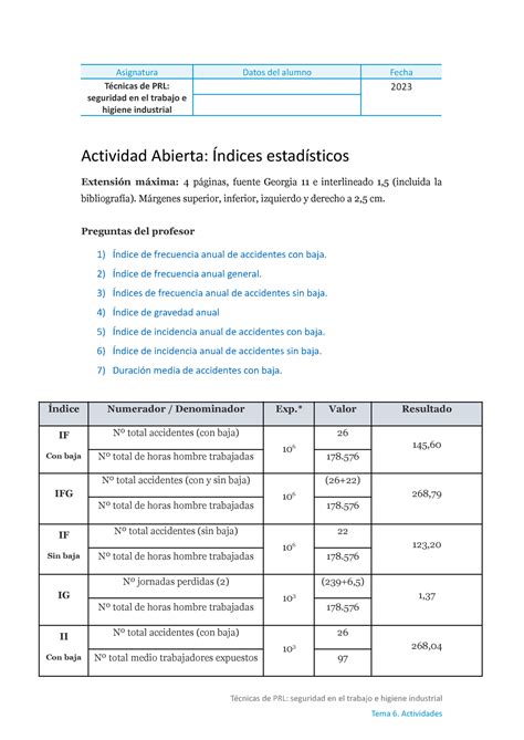 Trabajo Indices Estadisticos Técnicas de PRL seguridad en el trabajo