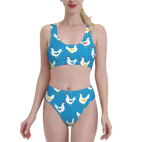 High Waisted Bikini Sets For Women Unique Cute Chicken Blue 2 Piece